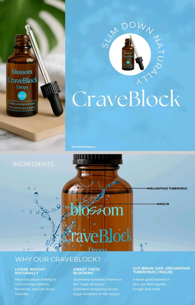 CraveBlock Drops product, ingredient and benefit graphic.