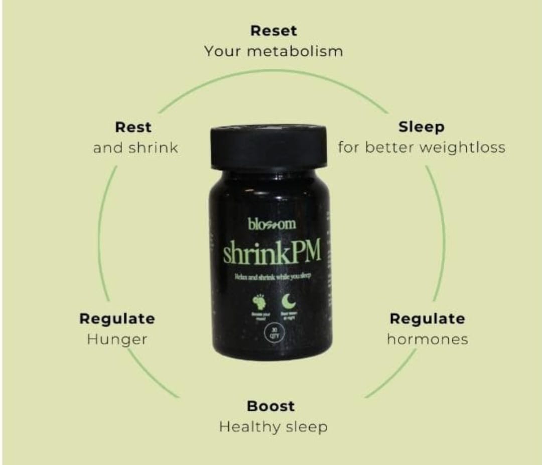 Shrink PM bottle surrounded by evening routine highlights.