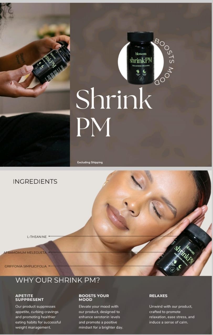 Shrink PM product graphic with ingredient callouts and evening routine highlights.