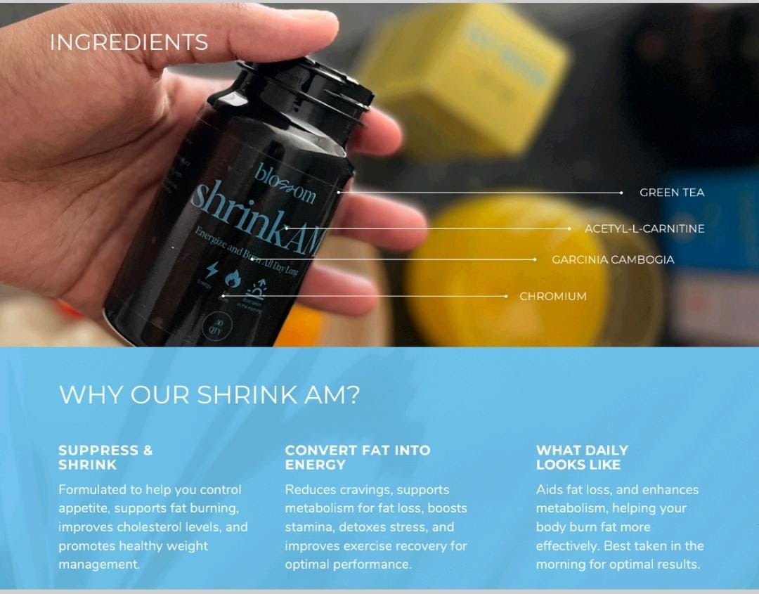 Shrink AM bottle with ingredient callouts and morning routine highlights.