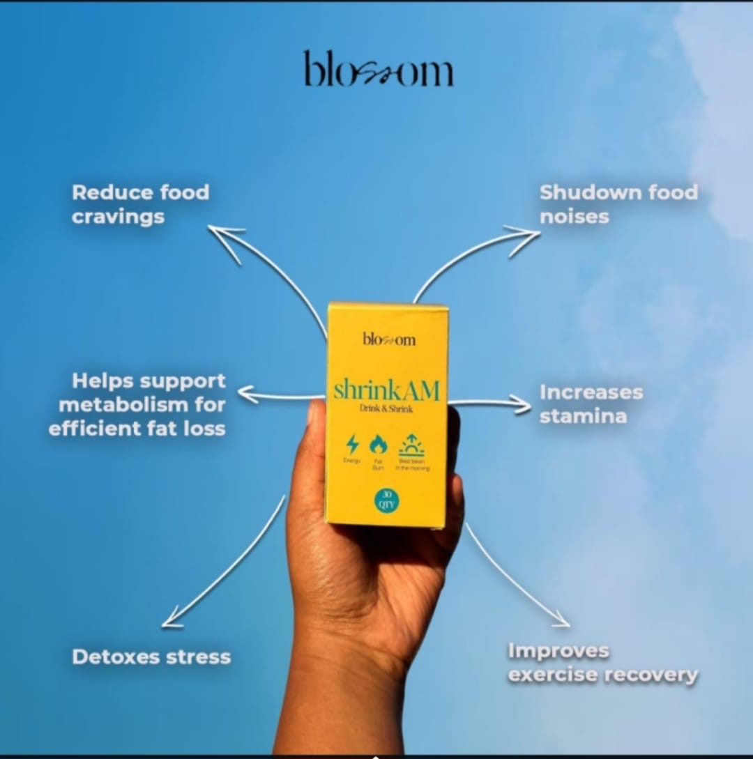 Blossom ShrinkAM box against a blue sky, with product benefit callouts.